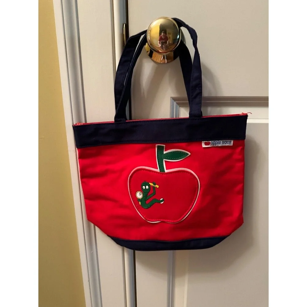 Vintage Apple Sacs‎ Kids Red Canvas Tote Bag Apple Worm Graphic School Book Bag